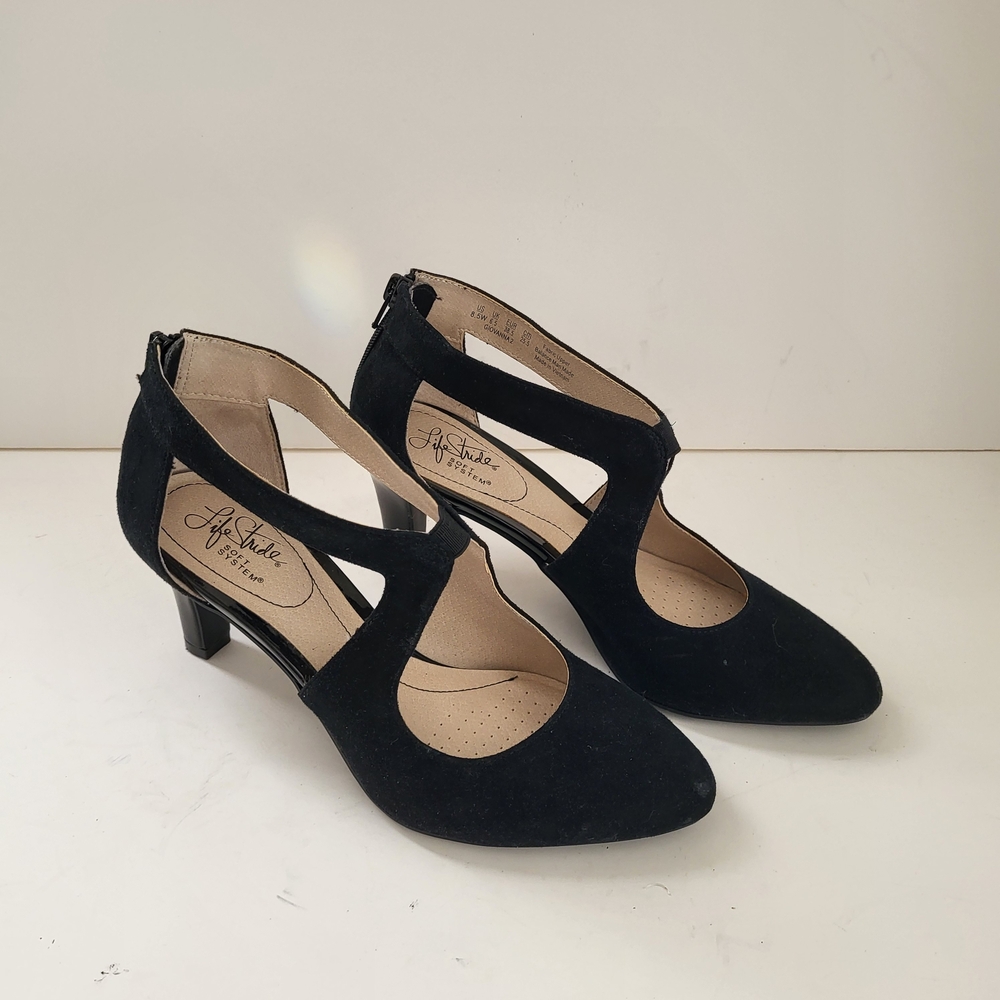 Life Stride Black Cutout T-Strap Pumps